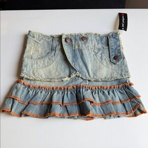Denim Ruffle Skirt with Orange Trim
